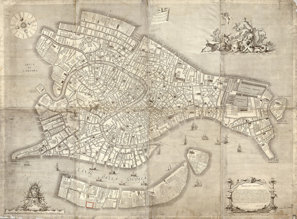 Ludovico Ughi, Venezia; pianta topografica della laguna, 1729 - Project Site in red