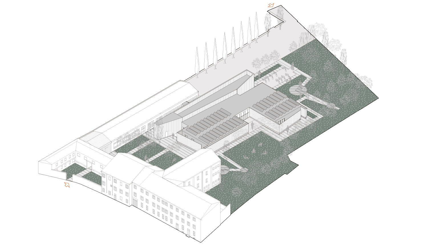 Assonometria del progetto del campus temporaneo